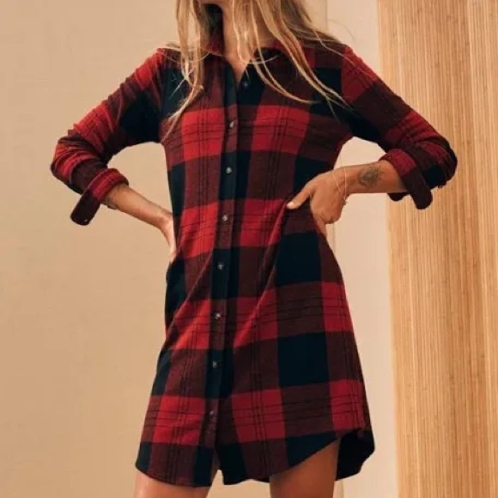 Faherty Women’s Legend Sweater Shirt Dress Red and Black Buffalo Plaid XS